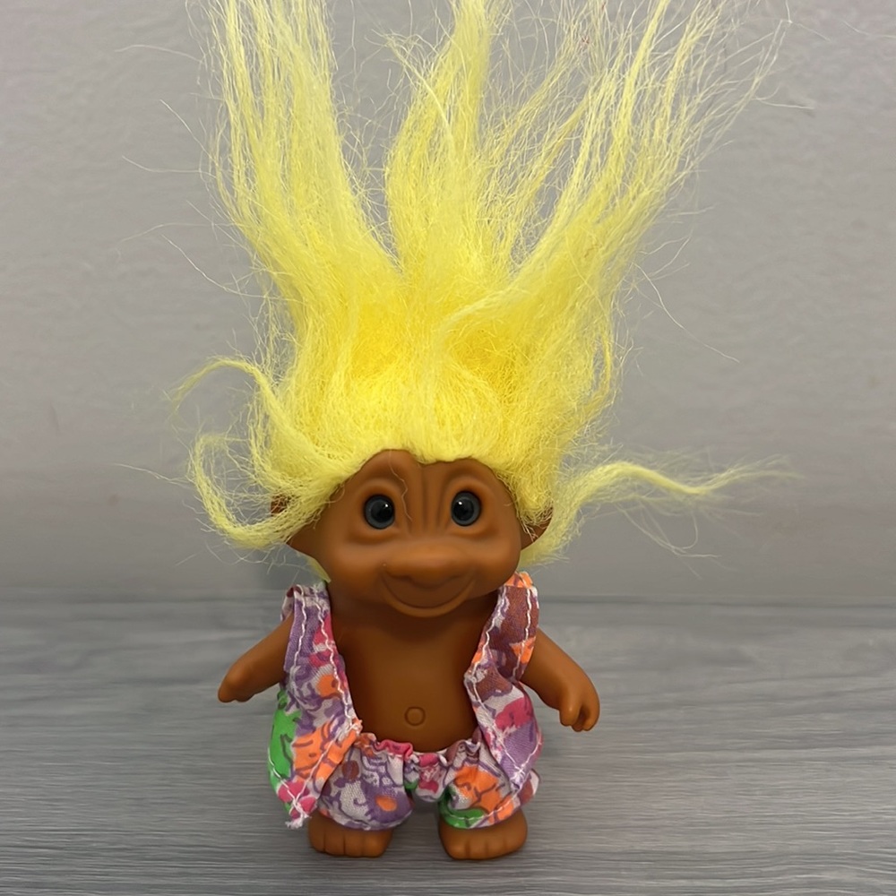 Vintage Troll with Yellow Hair and ‘80s Outfit, EUC, 3”